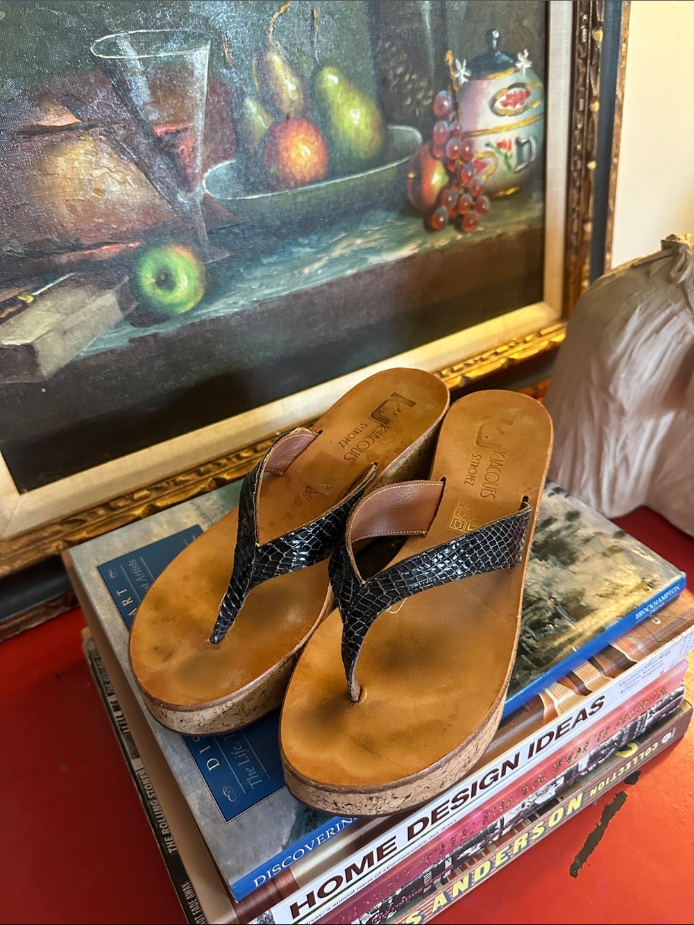 K.Jacques Black Snake-Print Cork Wedge Thong Sandals